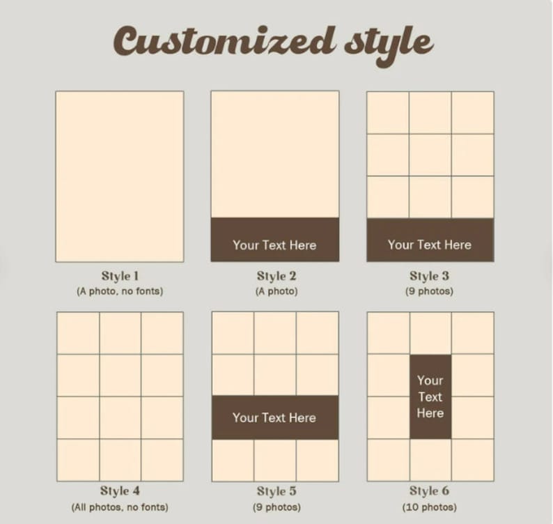 May include: Six different layouts for a photo collage. The layouts include a single photo with no text, a single photo with text below, a 3x3 grid of photos with text below, a 3x3 grid of photos with no text, a 3x3 grid of photos with text below, and a 3x4 grid of photos with text in the centre.