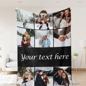 Customizable Photo Blanket Collage, Personalized Christmas Gifts for Grandpa, Custom Blanket with Text, Picture Collage Blankets