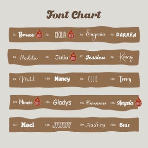 Op de afbeelding: Een bruin lettertype-overzicht met 20 verschillende lettertypen, elk met een naam en een nummer. De namen zijn in verschillende stijlen, waaronder cursief, vetgedrukt en schrift. Het overzicht is op een lichtgrijze achtergrond.
