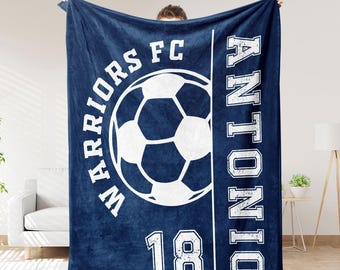 Custom Soccer Blanket with Your Name, Sports Team Blanket, Blanket with Name and Number, Gift for Soccer Lovers, Birthday Gift For Grandson