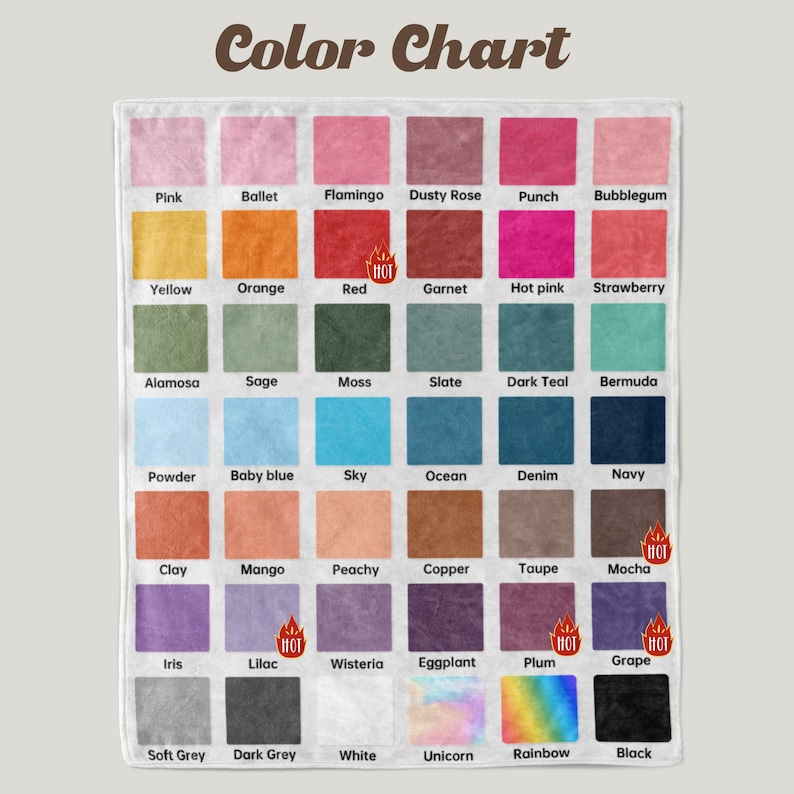 Op de afbeelding: Kleurenkaart met 24 verschillende kleurstalen. Elk staal is voorzien van een kleurnaam. De kleuren omvatten roze, geel, oranje, rood, granaat, roze, aardbei, alamosa, salie, mos, leisteen, donkerblauw, bermuda, poeder, babyblauw, lucht, oceaan, denim, marineblauw, klei, mango, perzik, koper, taupe, mokka, iris, lila, blauwe regen, aubergine, pruim, druif, lichtgrijs, donkergrijs, wit, eenhoorn, regenboog en zwart.