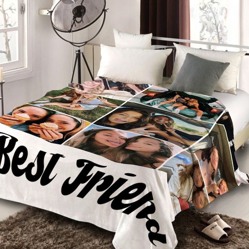 May include: White fleece blanket featuring a collage of photos of two friends and the text "Best Friend" in black cursive lettering.