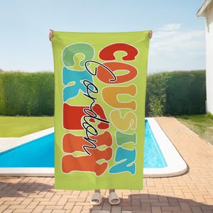 Cousin Crew Beach Towel with Name, Name Bath Towel, Pool Towel for Kids, Family Vacation Beach Towel, Kids Pool Birthday Party Towel