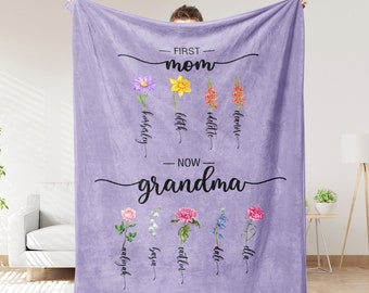 Custom Birth Flower Blanket,Mom Blanket with Kids Name,First Mom Now Grandma Sign,Birth Flower Blanket,Gift for Mom from Daughter/Son