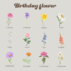 K&ouml;nnte beinhalten: Eine Tabelle, die die Geburtsblume f&uuml;r jeden Monat des Jahres zeigt. Die Blumen sind im Aquarell-Stil illustriert. Januar: Nelke, Februar: Veilchen, M&auml;rz: Narzisse, April: G&auml;nsebl&uuml;mchen, Mai: Maigl&ouml;ckchen, Juni: Rose, Juli: Glockenblume, August: Gladiole, September: Aster, Oktober: Ringelblume, November: Chrysantheme, Dezember: Narzisse.