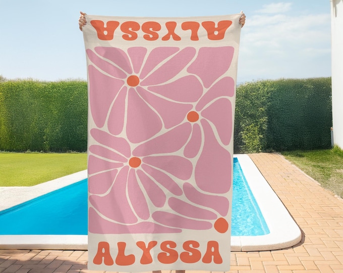 Personalized Retro Beach Towel, Retro Flower Pool Towel, Preppy Pool Towel with Name, Multi Style Beach Towel, Groovy Vibes Beach Towel