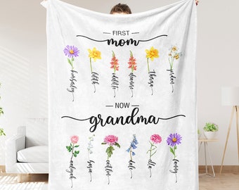 Couverture avec fleurs personnalisées, Couverture pour maman avec nom d'enfant, Signe Première maman maintenant grand-mère, Couverture avec fleurs de naissance, Cadeau pour maman, Cadeau pour la fête des Mères