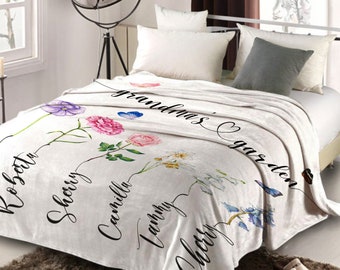 Benutzerdefinierte Omas Gartendecke, benutzerdefinierte Geburtsblumendecke mit den Namen der Enkelkinder, Geschenke für Mutter, personalisierte Decke, Geschenke für Oma