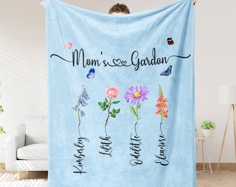 Personalized Mom's Garden Blanket,Blanket with Kids Name,Custom Grandma Gift,Custom Birth Flower Blanket,Gift for Mom from Daughter/Son