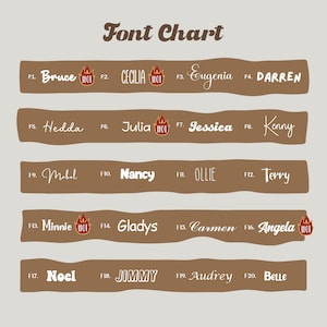 May include: A brown font chart with 20 different fonts, each with a name and a number. The names are in white and the numbers are in black. The chart is on a light grey background. Some of the names have a red "HOT" icon next to them.