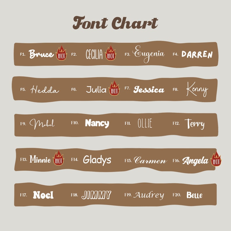 May include: A brown font chart with 20 different fonts, each with a name and a number. The names are in white and the numbers are in black. The chart is on a light grey background. Some of the names have a red "HOT" icon next to them.