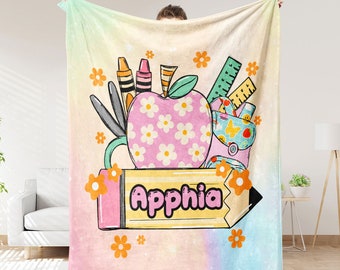 Custom Name Blanket, Customized Pencil Blanket, Kindergarten Back To School Design, Kid's Name Blanket, Retro Apple Blanket, Custom Gift