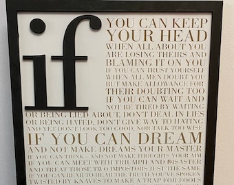 May include: A framed inspirational quote by Rudyard Kipling, "If" printed on a white background with black lettering. The quote is in gold lettering and the background is white. The frame is black.