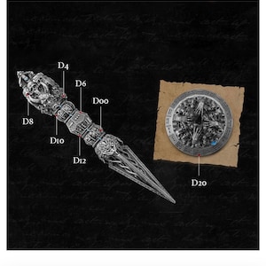 May include: A silver metal dagger with a skull-shaped handle and an intricate design. The dagger is a dice with numbers D4, D6, D8, D10, D12, D20, and Doo.