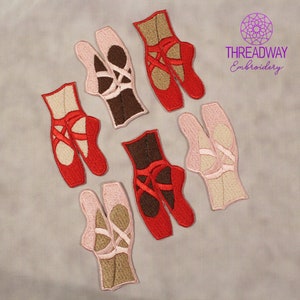 May include: Embroidered patches of ballet pointe shoes in various colours, including red, pink, and brown. The patches feature detailed stitching and are arranged on a light grey background. The Threadway Embroidery logo is in the upper right corner.