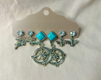 When Pigs Fly Dangle Earrings Set nautical bees turquoise