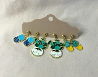 Teal Houseplant Dangle Earrings Set cactus