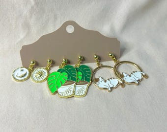 Whimsy Cat Lady Earring Set Dangles Houseplant Sun Moon