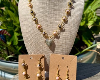 Hypoallergenic Jewelry Set: Gold-Framed Heart Pendant Necklace, Bracelet & Earrings