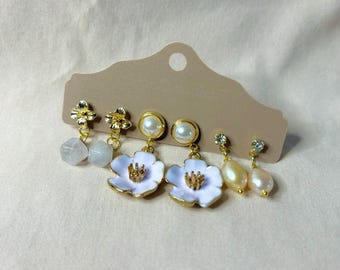 Vintage Style Flower Dangle Earrings, Hypoallergenic Set of 3