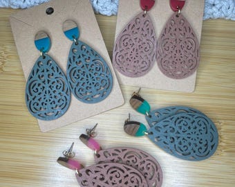 Wood Resin Post Large Dangles Colorful Wood Circle Stud Earrings Comfortable Hypoallergenic Posts Everyday Wear