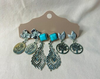 Turquoise Nature Earrings Set silver trees leaves
