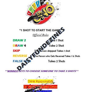 May include: A white poster with the word "DRUNK" at the top, themed around the Uno card game. The poster details rules for a drinking game, including instructions such as "Draw 2" and "Skip." It also features a "Drink Responsibly" message.