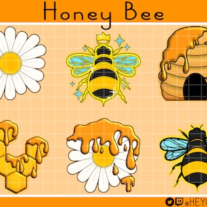 May include: A set of six illustrations featuring a honey bee, a honeycomb, and a daisy. The illustrations are in a cartoon style and feature bright yellow, orange, and white colors.