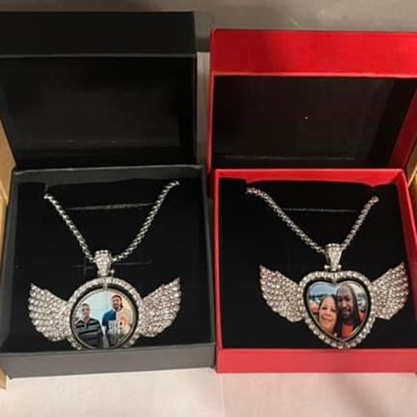Gift Double sided rotating memorial photo picture pendant angel wing necklace keepsake R.I.P. jewelry Mothers Day