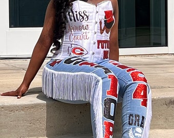 Grad Senior Class of 2024 Bling Corset and Bling Fringe Tassel Jeans Photoshoot Outfit