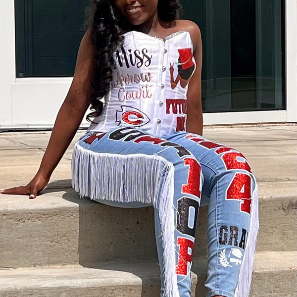 Grad Senior Class of 2024 Bling Corset and Bling Fringe Tassel Jeans Photoshoot Outfit
