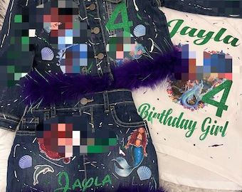 Custom Denim Fur Jean Jacket, Skirt, and shirt Birthday Outfit Any Theme