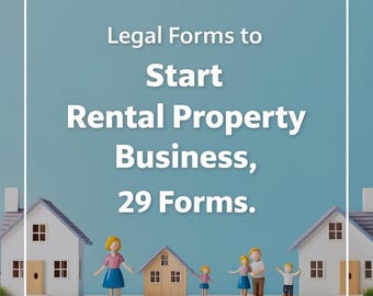 May include: A blue background with white text that reads "Legal Forms to Start Rental Property Business, 29 Forms."  There are miniature white houses with brown roofs and small figurines of people standing in front of the houses.