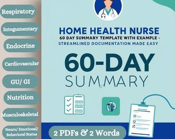 Puede incluir: Un gráfico azul y verde con el texto "HOME HEALTH NURSE 60-DAY SUMMARY TEMPLATE WITH EXAMPLE - STREAMLINED DOCUMENTATION MADE EASY" y "60-DAY SUMMARY". El gráfico también incluye una lista de verificación, un símbolo médico y un portapapeles con una lista de verificación. El texto "2 PDFs & 2 Words" y "NURSESTUDYGUIDES.COM" también están incluidos.