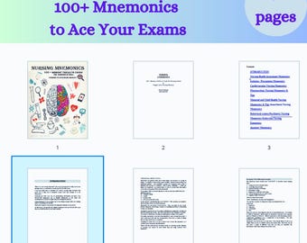 May include: A book cover with a colorful illustration of a brain with medical symbols and the title "Nursing Mnemonics 100+ Memory Tricks to Crush Nursing School Exams". The book cover is surrounded by six pages with the text "Nursing School Success: 100+ Mnemonics to Ace Your Exams" and "204 pages".