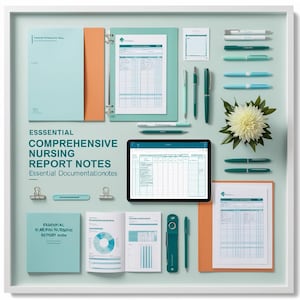 Puede incluir: Un conjunto de blocs de notas y carpetas de informes de enfermería de color azul verdoso y blanco con el texto "Essential Comprehensive Nursing Report Notes Essential Documentation Notes". El conjunto también incluye una tableta de color azul verdoso con una página cuadriculada en la pantalla, un bolígrafo de color azul verdoso y una flor blanca.