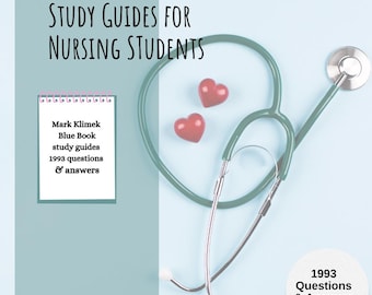 May include: A blue background with a green stethoscope and two red hearts. A white notepad with the text "Mark Klimek Blue Book study guides 1993 questions & answers" is in the upper left corner. A white circle with the text "1993 Questions & Answers" is in the lower right corner.