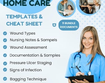 Puede incluir: Un gráfico azul y blanco con el texto "HOME CARE TEMPLATES & CHEAT SHEET" y una lista de temas que incluyen "Wound Types", "Nursing Notes & Samples", "Wound Assessment", "Documentation & Samples", "Pressure Ulcer Staging", "Signs of Infection", "Bagging Technique" y "Patient Teaching". Una enfermera aparece en la imagen sosteniendo un portapapeles y un bolígrafo, sonriendo a la cámara.