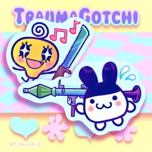 May include: Two cartoon stickers with the text "TRAUMAGOTCHI". One sticker features a yellow character with a saw and musical notes. The other sticker shows a white and black bunny character with a rocket launcher.