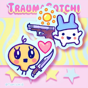 May include: A collection of colorful stickers with a cartoon aesthetic. The stickers feature a yellow character with a knife, a gun, a sun, and a white character with blue ears. The word "TRAUMAGOTCHI" is at the top.