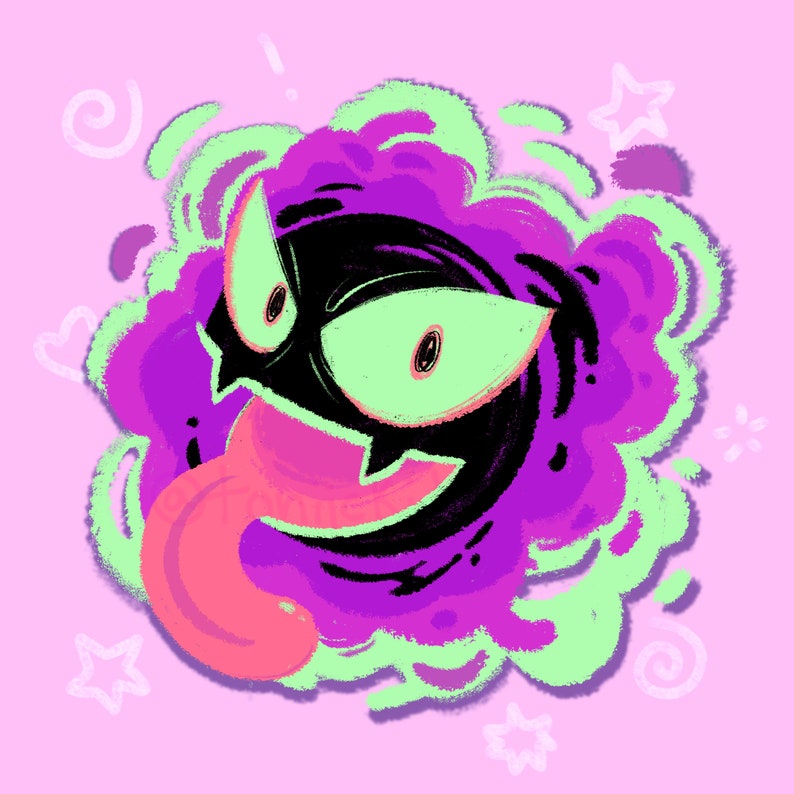 Puede incluir: Una ilustraci&oacute;n de dibujos animados de un fantasma morado y verde con una gran lengua rosa que sobresale. El fantasma tiene una expresi&oacute;n traviesa con grandes ojos verdes y una amplia sonrisa. El fondo es rosa claro con remolinos blancos y estrellas.