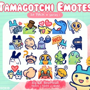 May include: A digital download graphic featuring 20 Tamagotchi emotes in various poses and expressions. The image includes text that reads "Tamagotchi Emotes" and "20 Pack series I". The image also includes the text "digital download" and the sizes 112x112, 56x56, and 28x28.