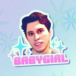 May include: A sticker featuring a cartoon illustration of a person with brown hair and blue eyes. The person is smiling and wearing a light blue shirt. The sticker has a pink background with the text "BABY GIRL" in white letters.