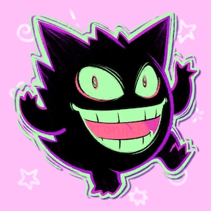 Pu&ograve; includere: Un'illustrazione di un cartone animato di un fantasma viola e verde con un ampio sorriso pieno di denti. Il fantasma &egrave; contornato da un colore verde chiaro ed &egrave; posizionato su uno sfondo rosa.
