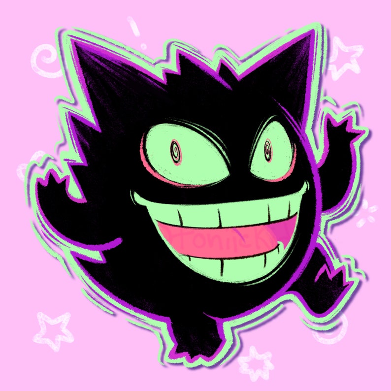 Pu&ograve; includere: Un'illustrazione di un cartone animato di un fantasma viola e verde con un ampio sorriso pieno di denti. Il fantasma &egrave; contornato da un colore verde chiaro ed &egrave; posizionato su uno sfondo rosa.