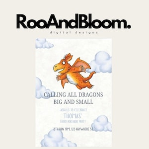 Peut inclure: Une invitation d'anniversaire pour enfants avec un dessin de dragon orange volant parmi des nuages blancs. Le texte de l'invitation dit "Appel à tous les dragons grands et petits" et comprend les détails de la fête.