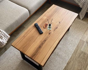 Walnut Coffee Table with Steel Legs, Mid Century Modern Live Edge Hard Wood Table