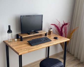 Escritorio con estante, escritorio para computadora, escritorio moderno de madera para oficina en casa con soporte para monitor, muebles de oficina de madera maciza