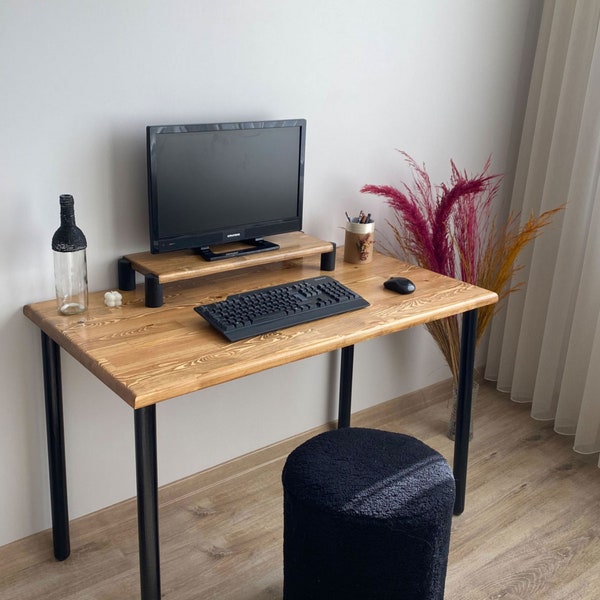 Schreibtisch mit Ablage, Computertisch, Modernes Home Office Holz Schreibtisch mit Monitorständer, Massivholz Büromöbel