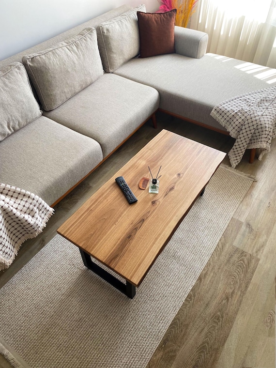 Walnut Coffee Table with Steel Legs, Mid Century Modern Live Edge Hard Wood Table